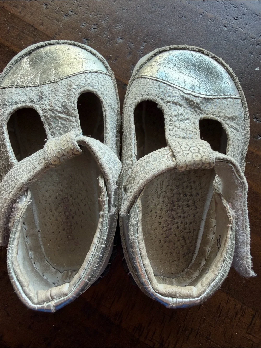 pediped Cream T-Strap Toddler Shoes with Metallic Silver Toe